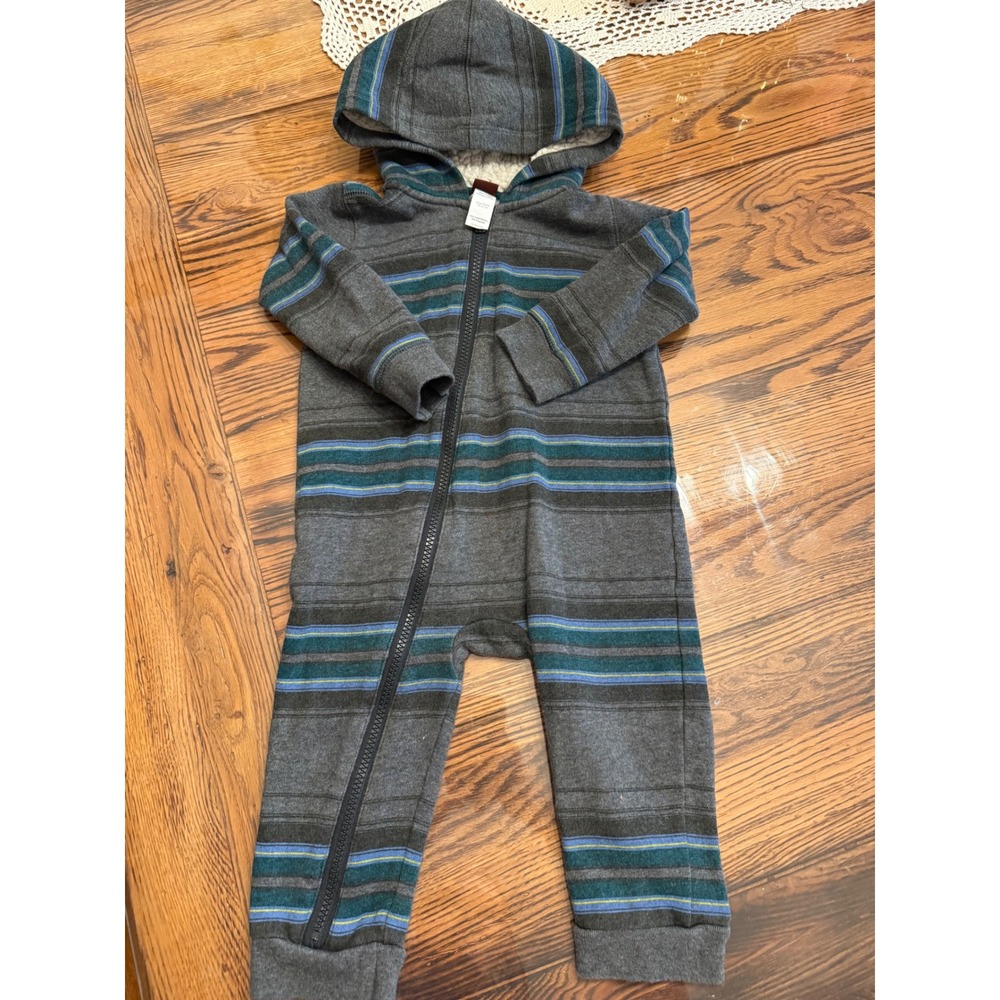 Tea Collection Hooded Romper Toddler 18-24M Grey Blue Striped Zip Up Coverall